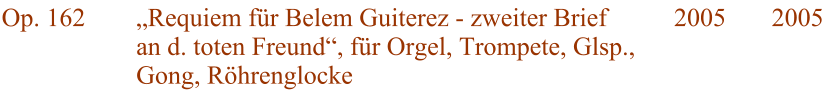Op. 162 „Requiem für Belem Guiterez - zweiter Brief an d. toten Freund“, für Orgel, Trompete, Glsp., Gong, Röhrenglocke 2005 2005